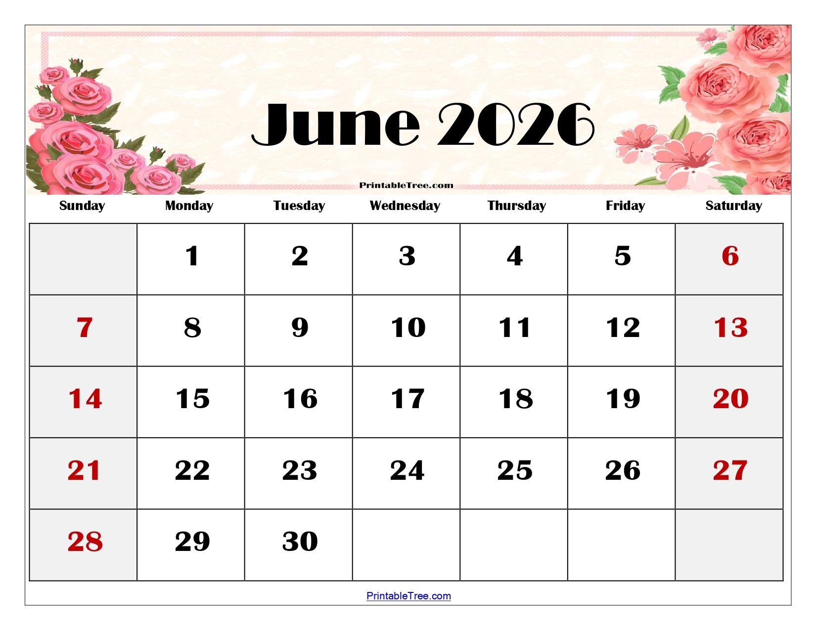 June Printable Calendar 2026