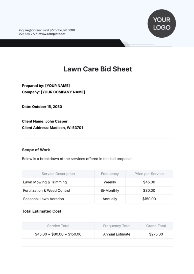 Free Lawn Care Bid Sheet Template To Edit Online