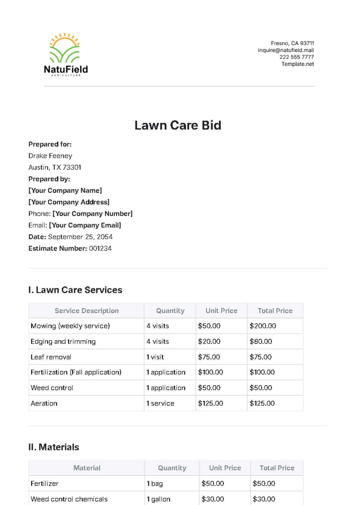 Free Lawn Care Bid Template To Edit Online