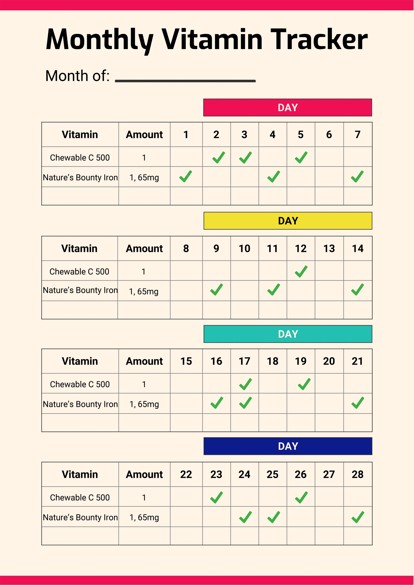 Free Monthly Vitamin Tracker Chart In Illustrator PDF Download Template