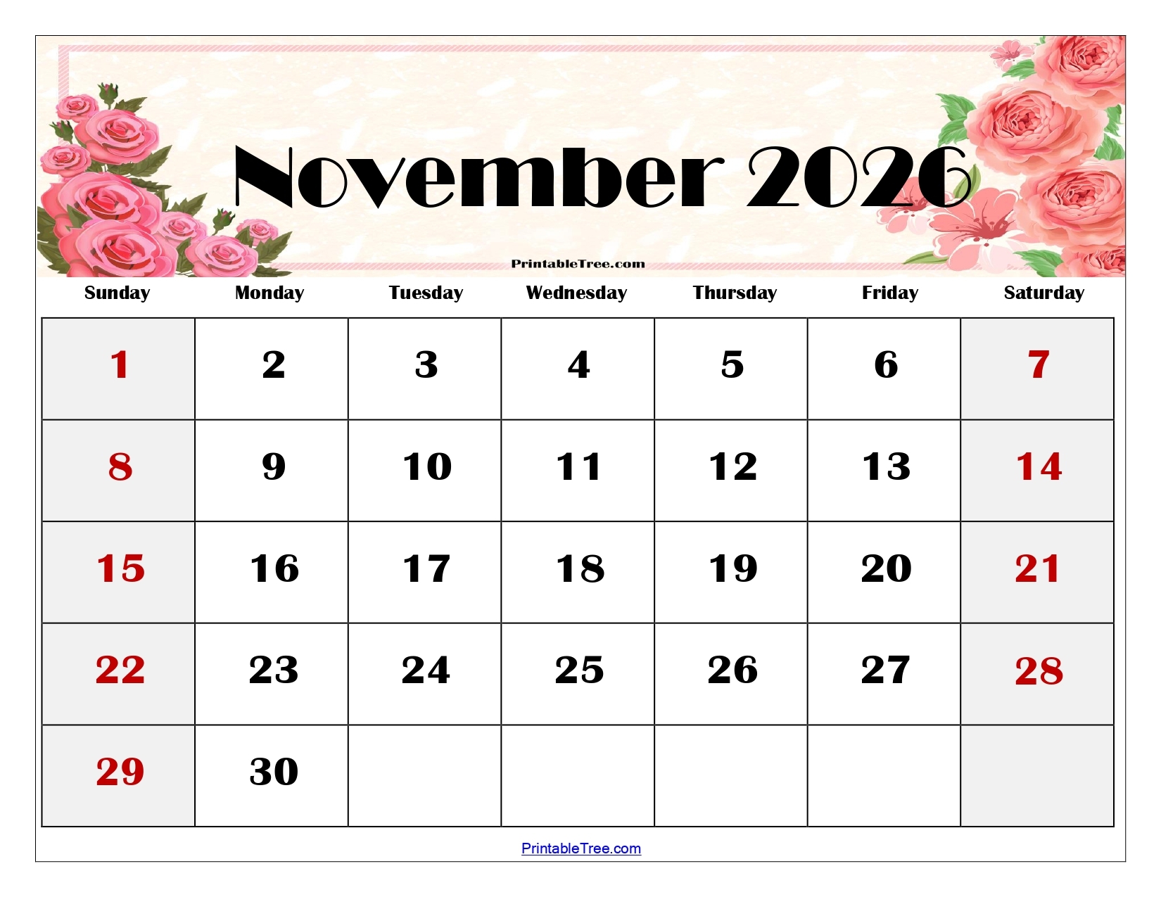 Free November 2026 Calendar Printable PDF With Holidays Templates