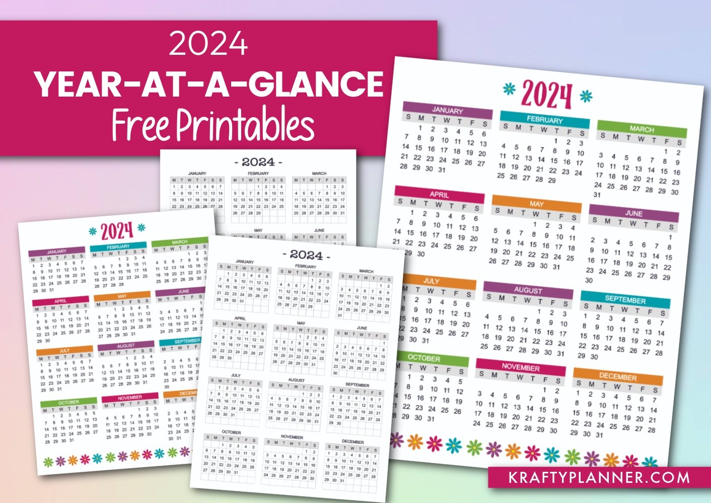 Free Printable 2024 Year at a Glance Calendar Krafty Planner