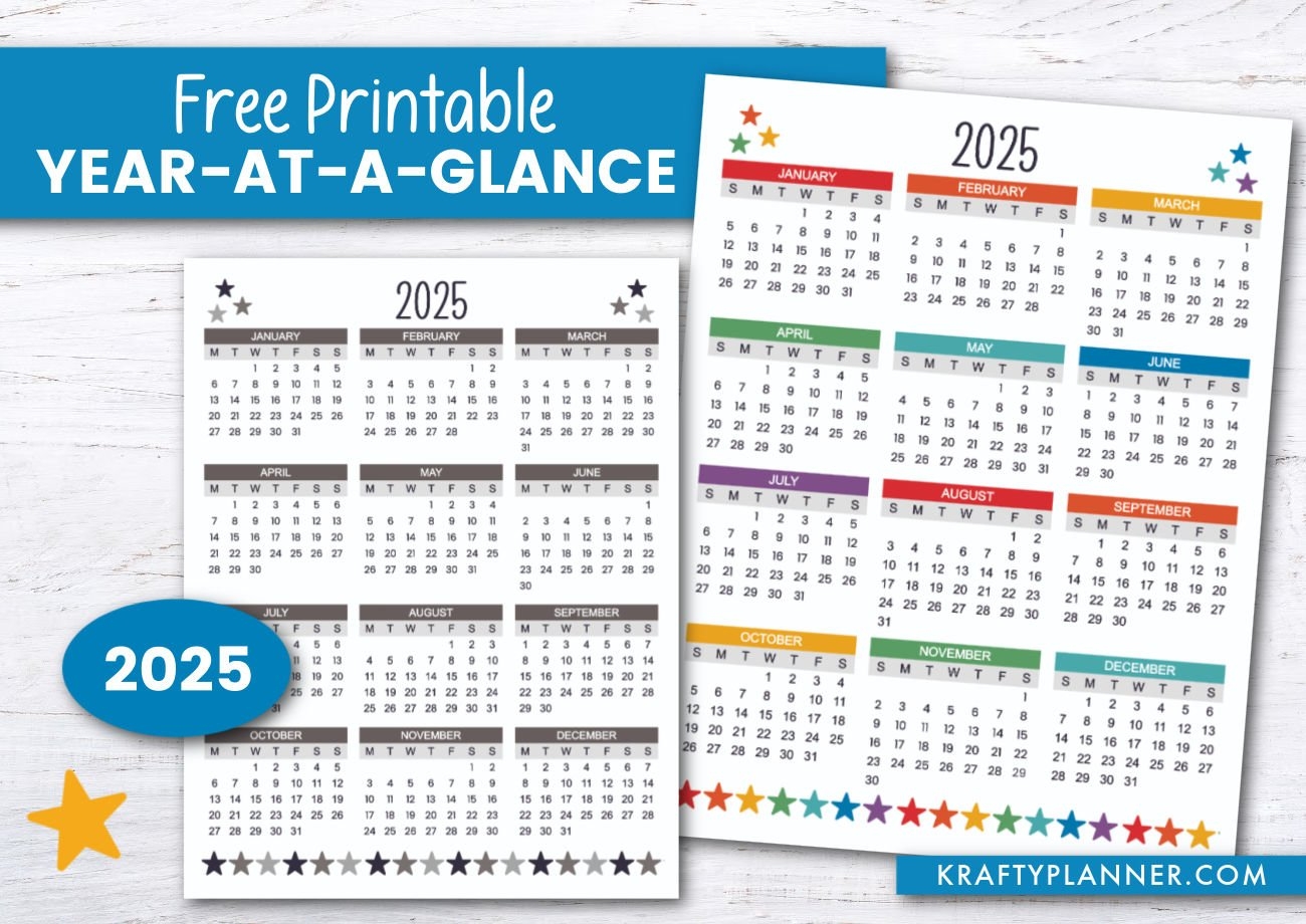 Free Printable 2025 Year At A Glance Krafty Planner