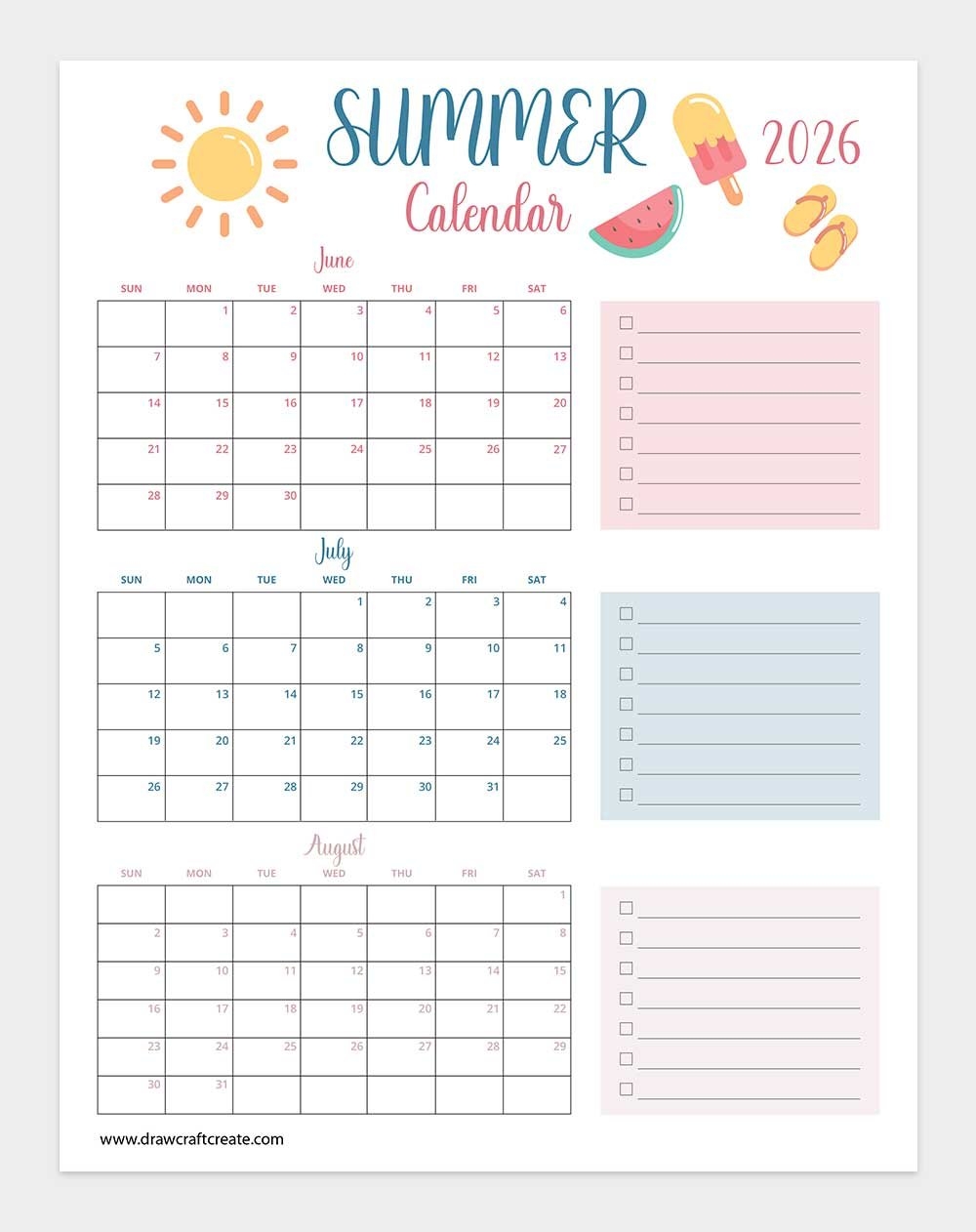 Free Printable 2026 Summer Calendars 6 Design Draw Craft Create