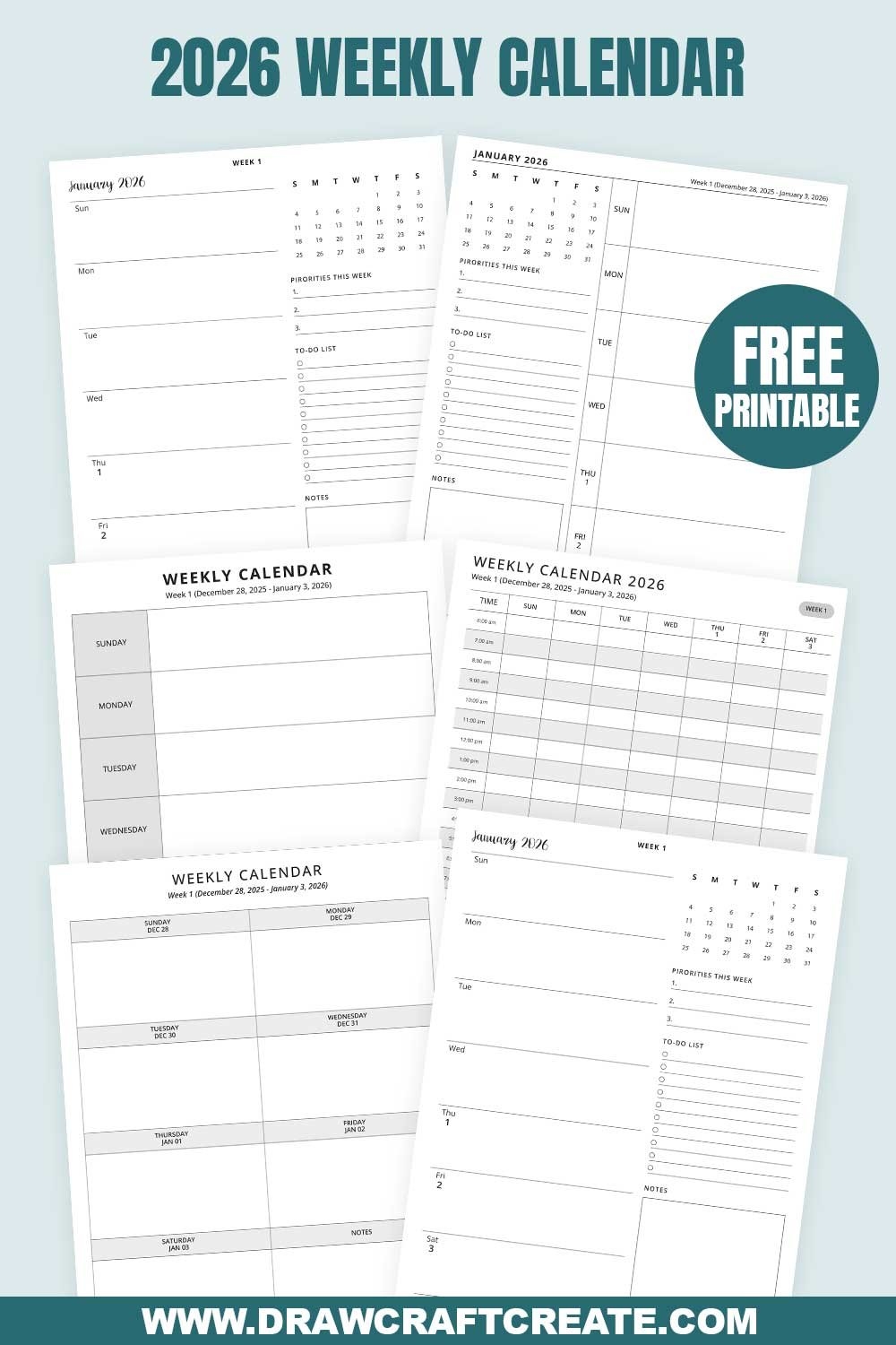 Free Weekly Calendar 2026 Printable