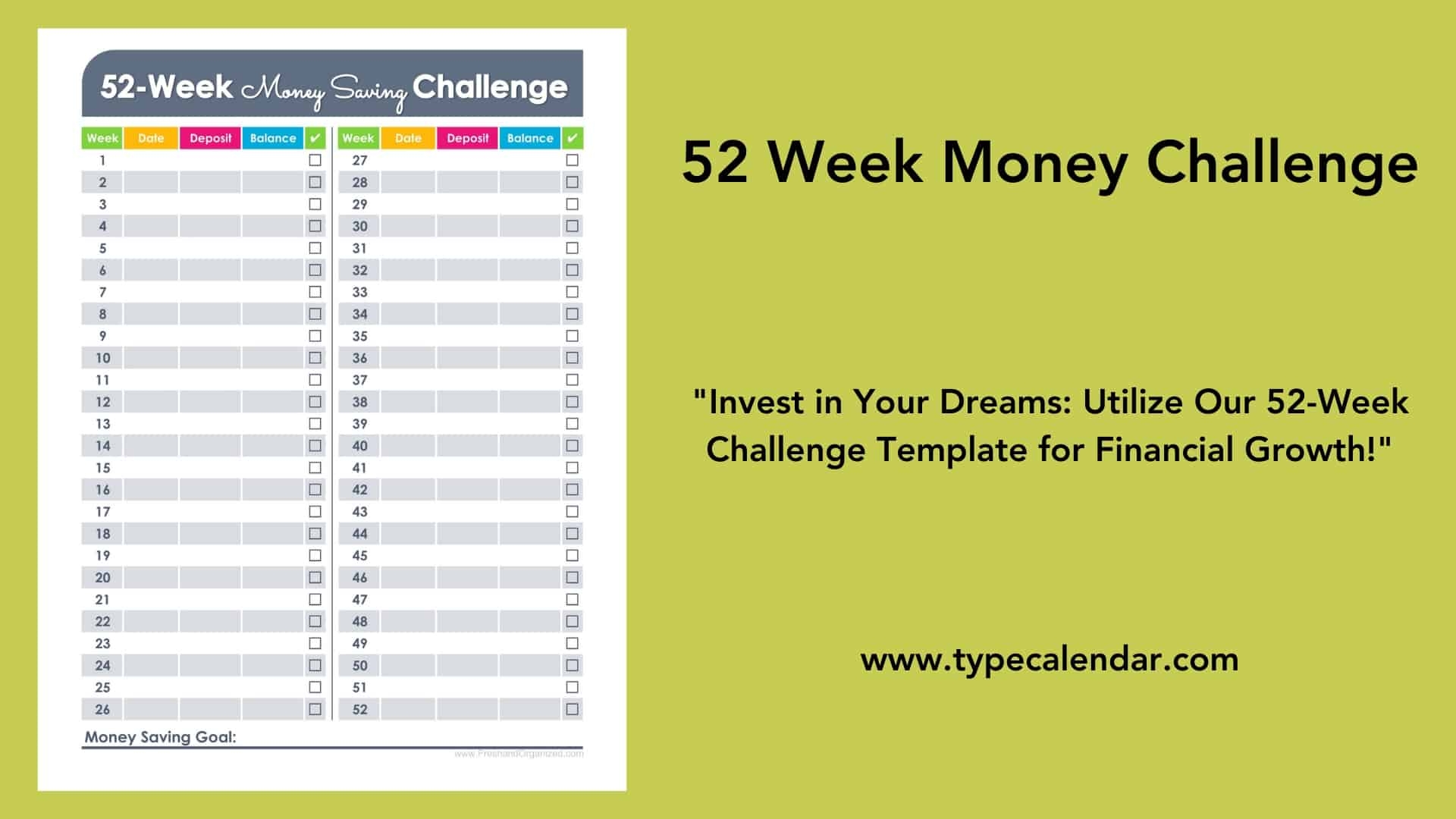 Free Printable 52 Week Money Challenge Templates PDF Word Excel 