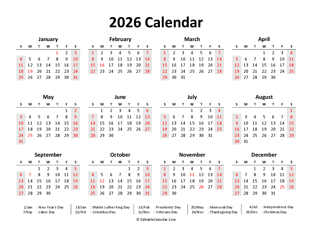Free Printable Calendar 2026 Word PDF Excel 
