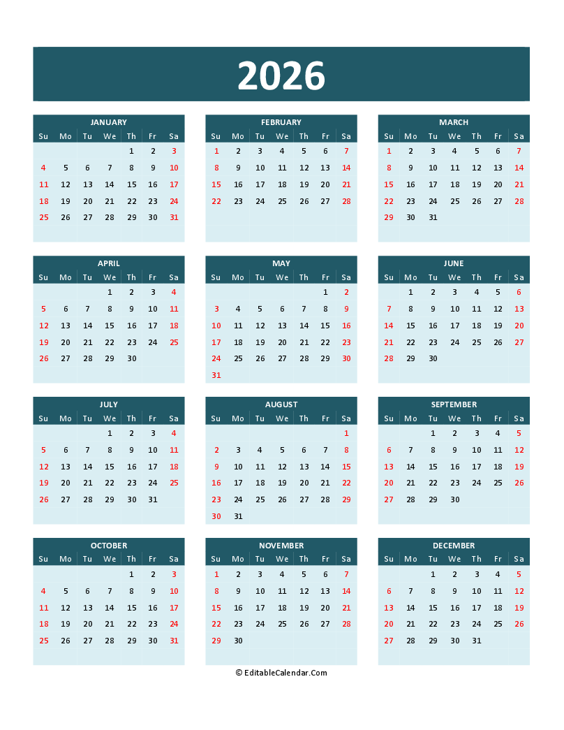 Printable 2026 Annual Calendar