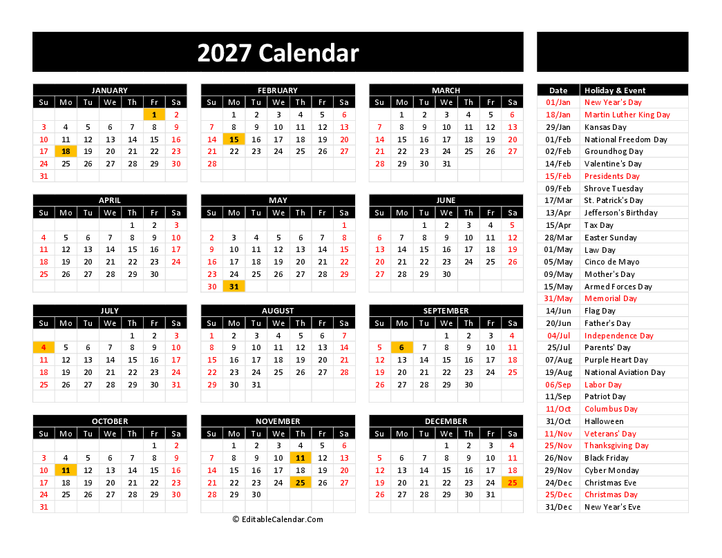 Free Printable Calendar 2027 Word PDF Excel 