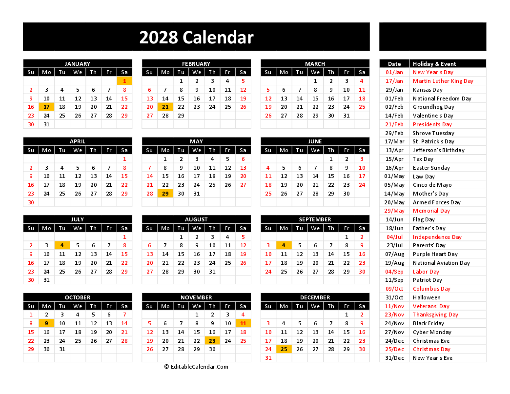 Free Printable Calendar 2028 Word PDF Excel 