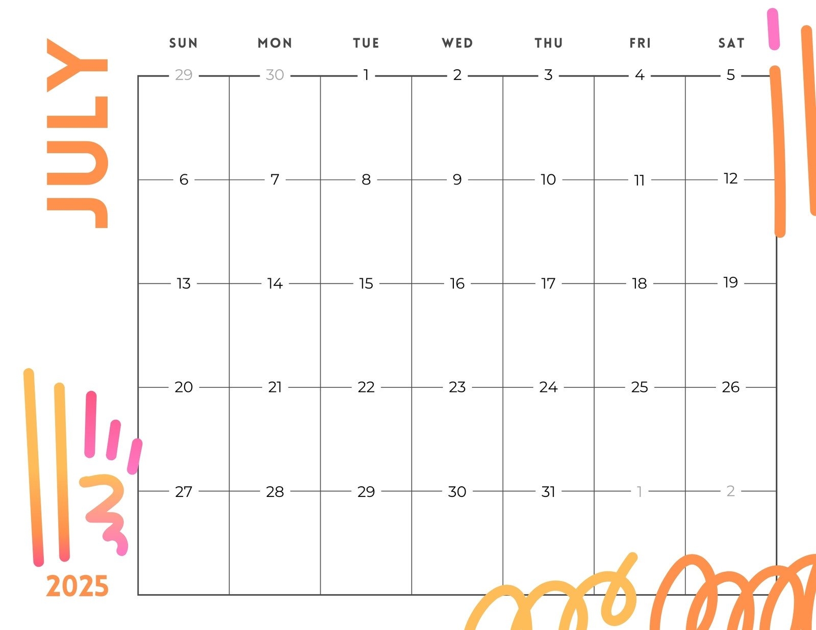 Free Printable Custom July 2025 Calendar Templates Canva