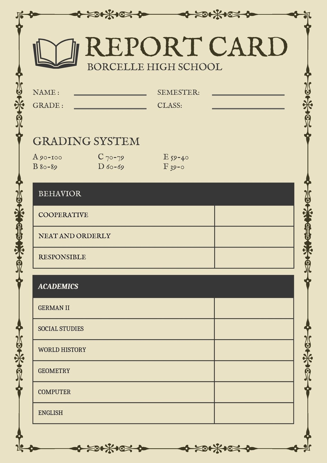 Printable Class Record Sheet