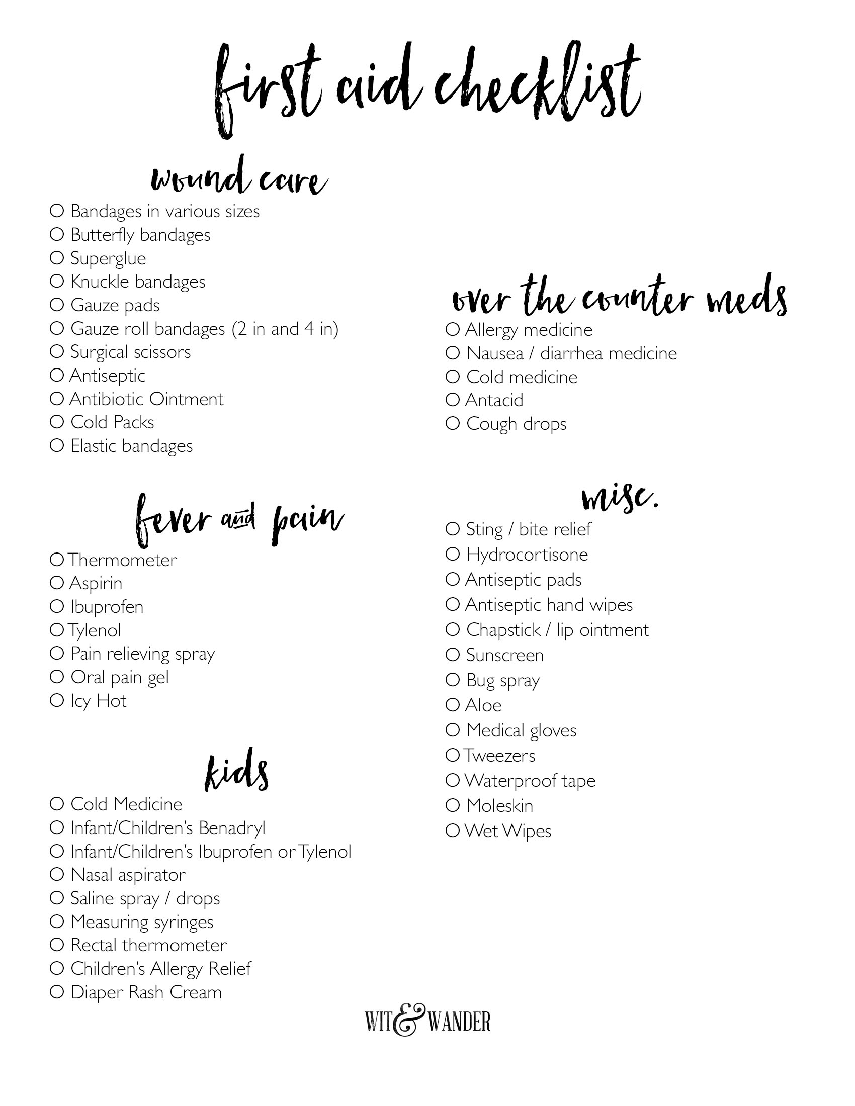 Printable First Aid Kit Worksheet