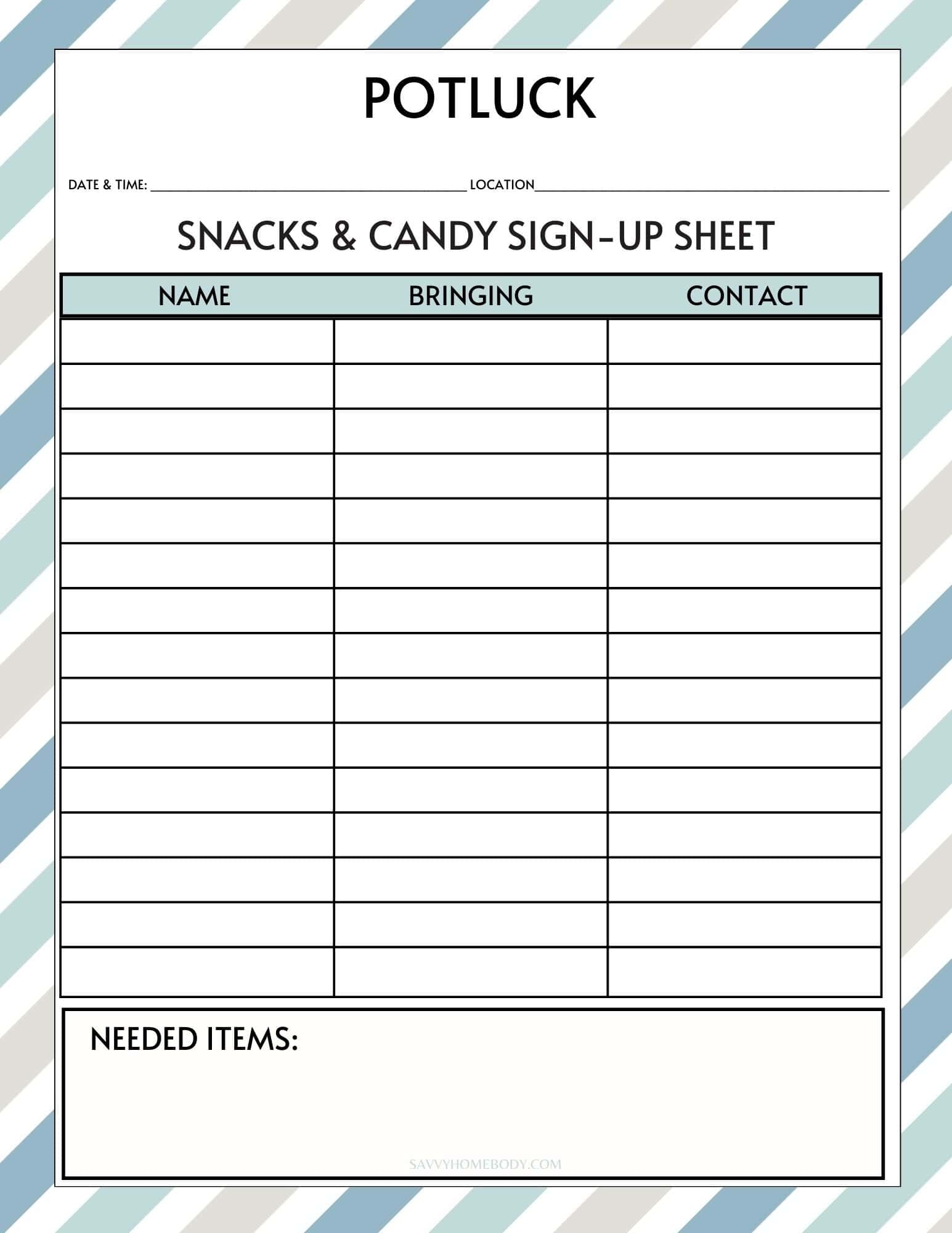 Free Printable Potluck Sign Up Sheets
