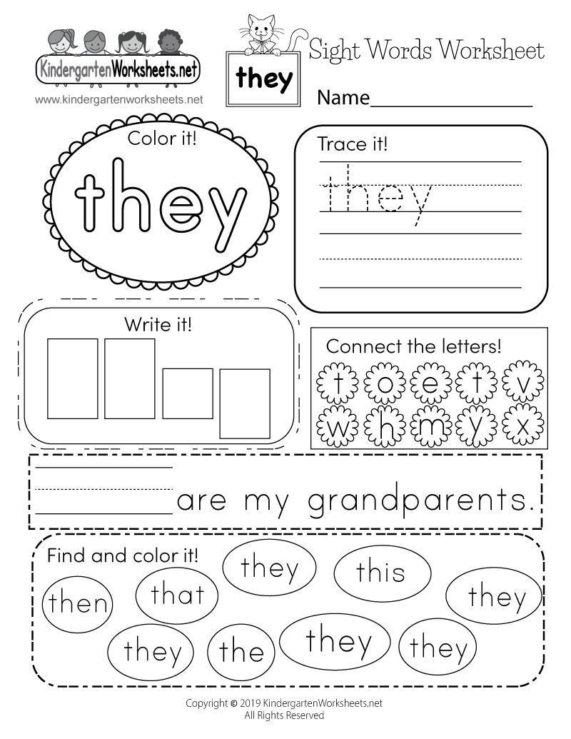 Kindergarten Sight Words Free Printable Worksheets