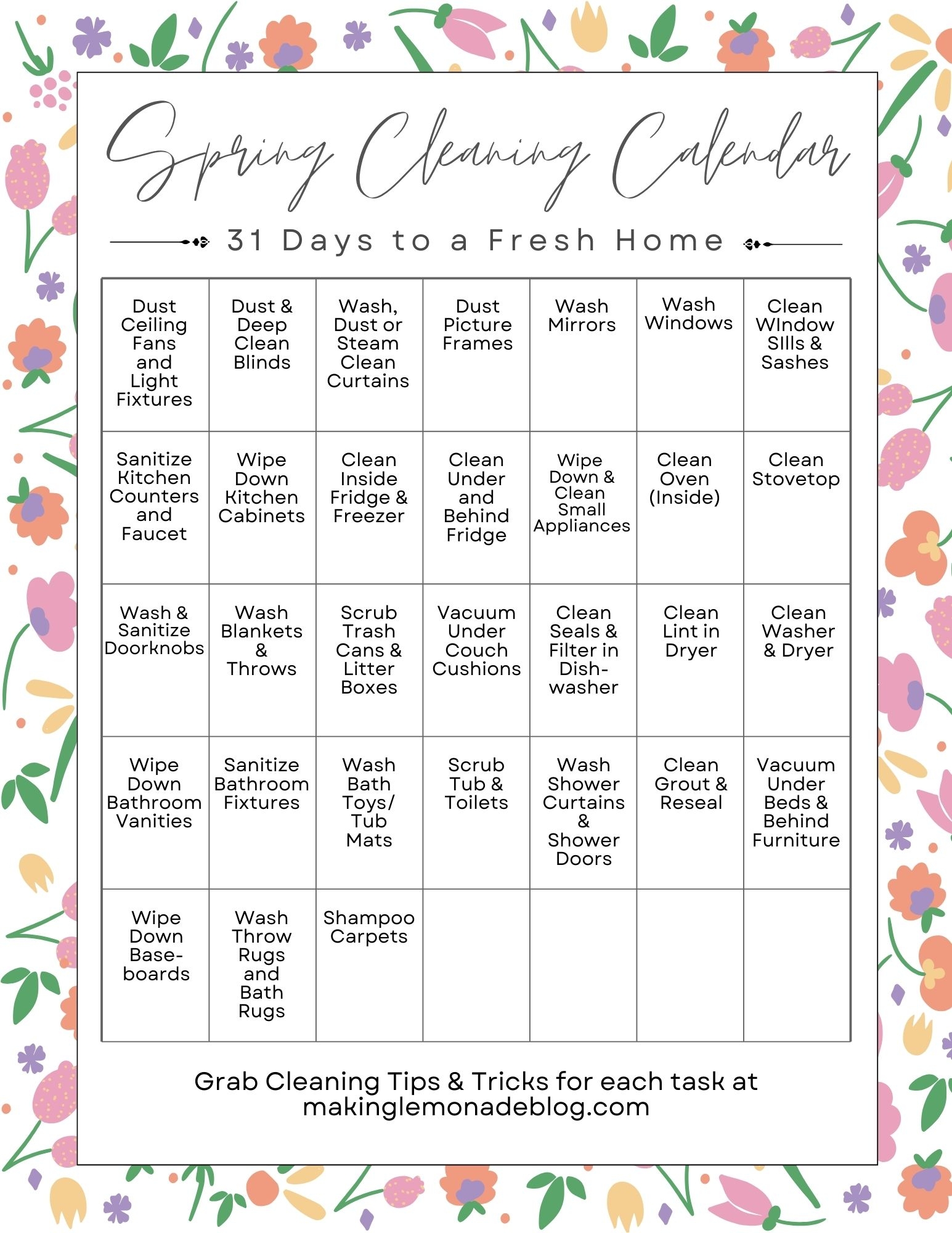 Free Printable Spring Cleaning Calendar For A Fresh Home Making Lemonade