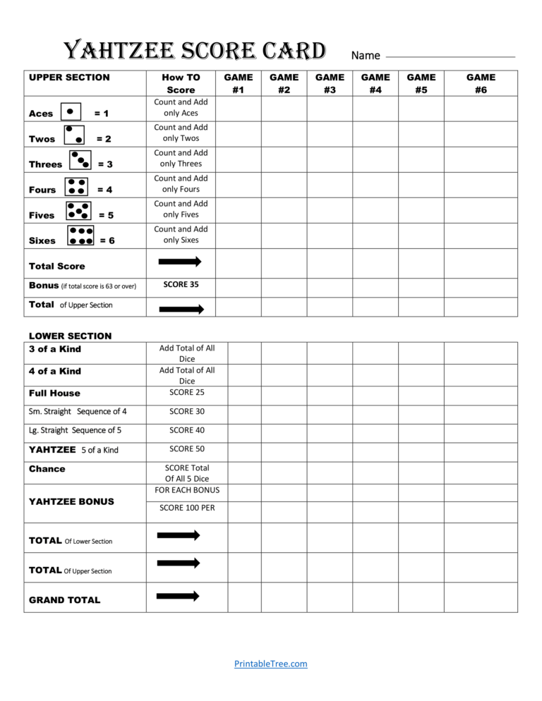 Free Printable Yahtzee Score Card Sheets PDF Templates