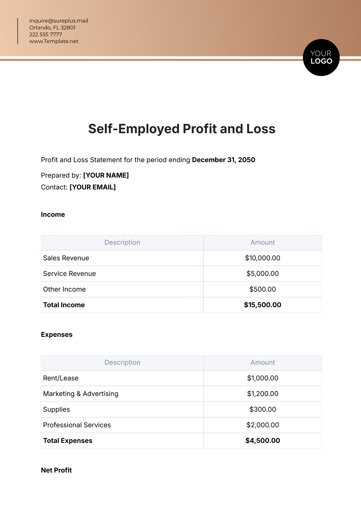 Free Self Employed Profit And Loss Template To Edit Online