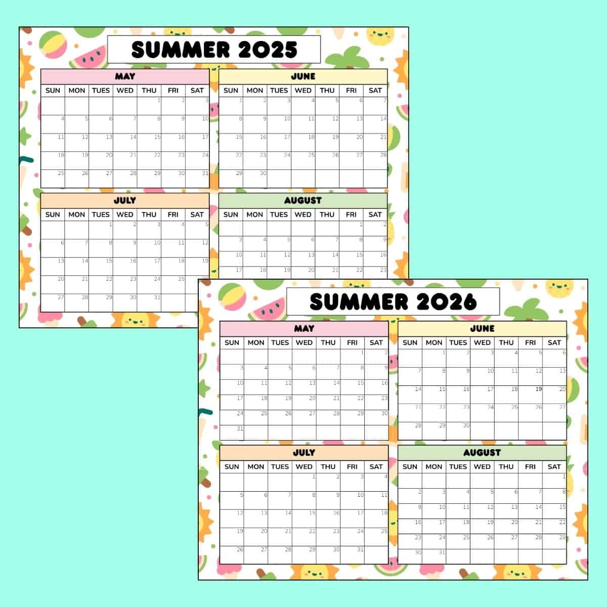 Free Summer Calendar Printable 2025 2026 PDF