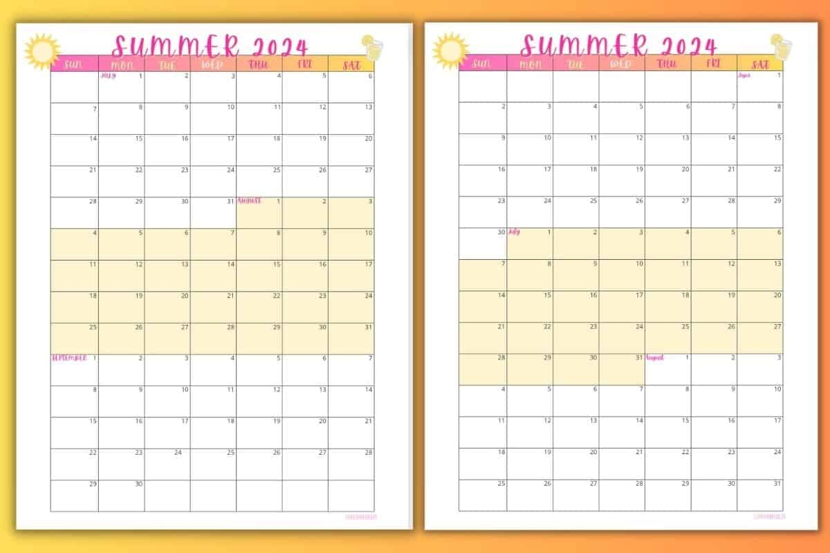June July August Printable Calendar