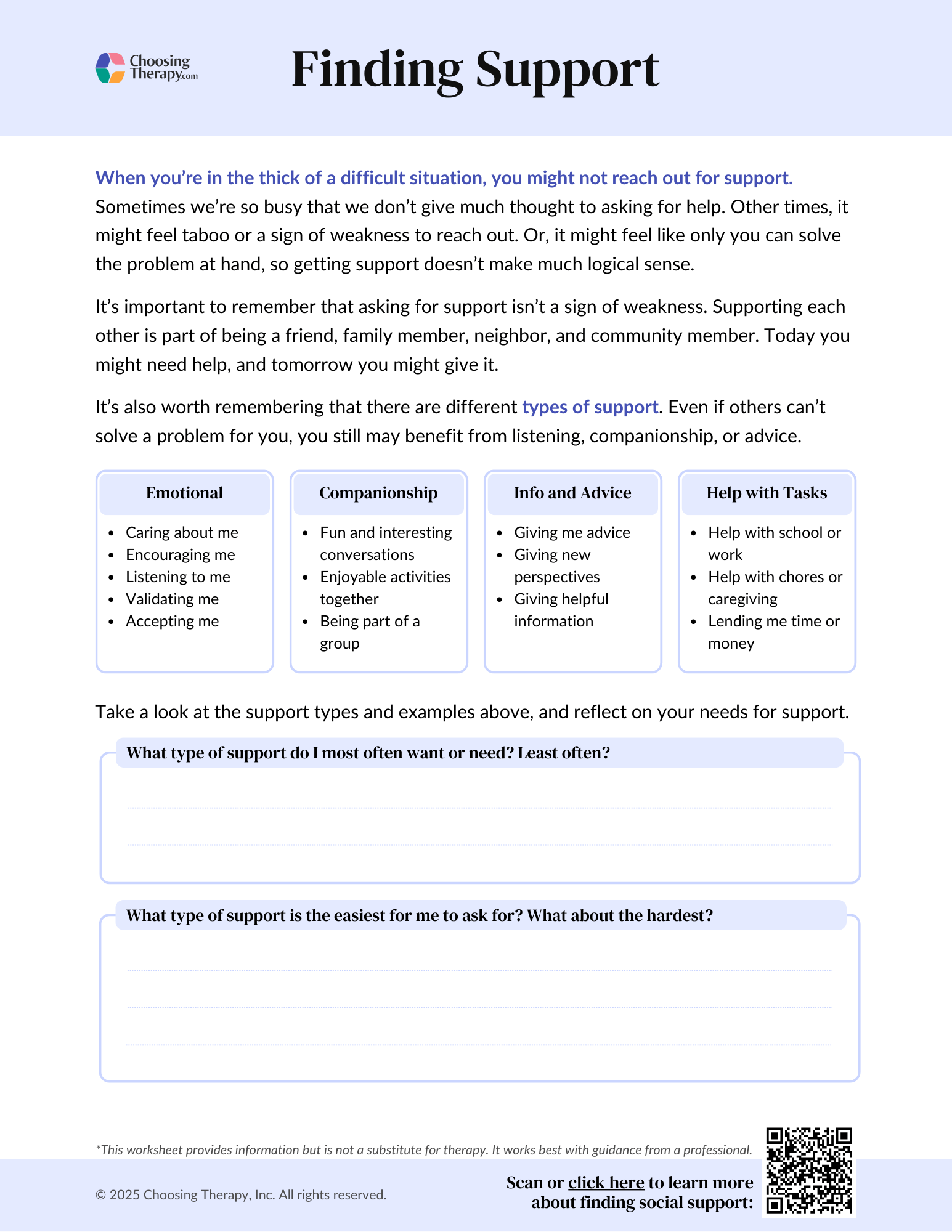Free Support System Worksheet Printable PDF ChoosingTherapy