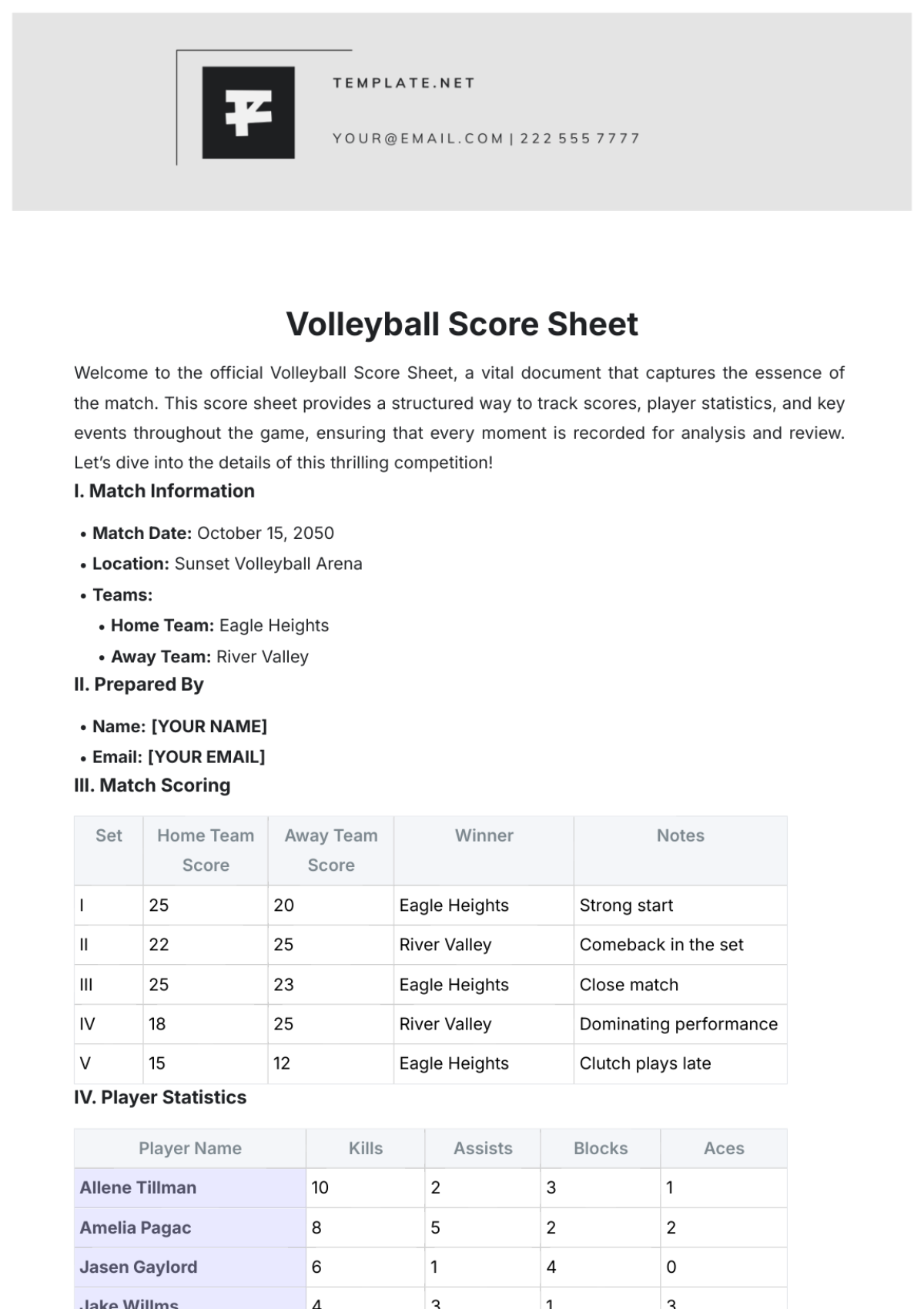 Printable Volleyball Stat Sheets Free