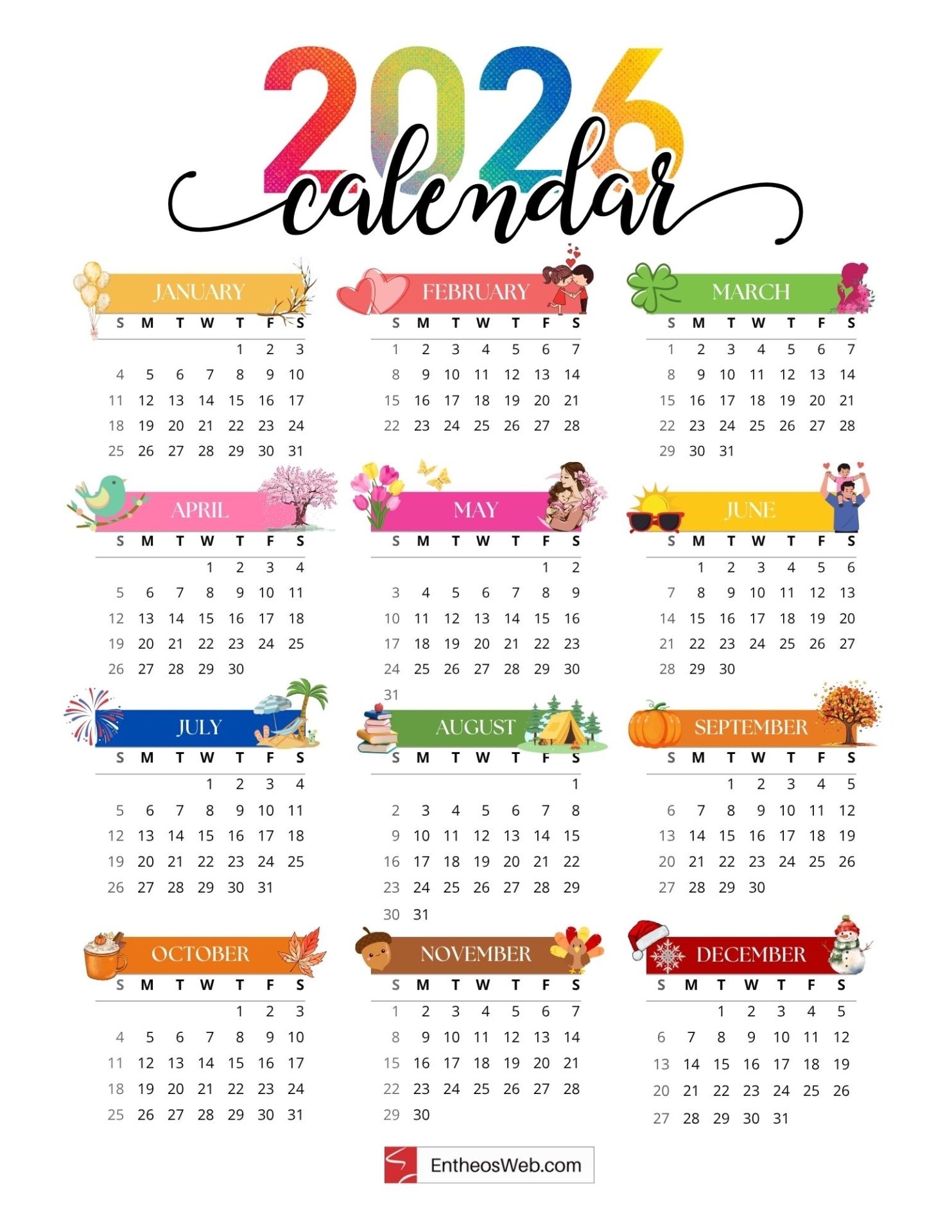 Free Printable Full Year 2026 Calendar