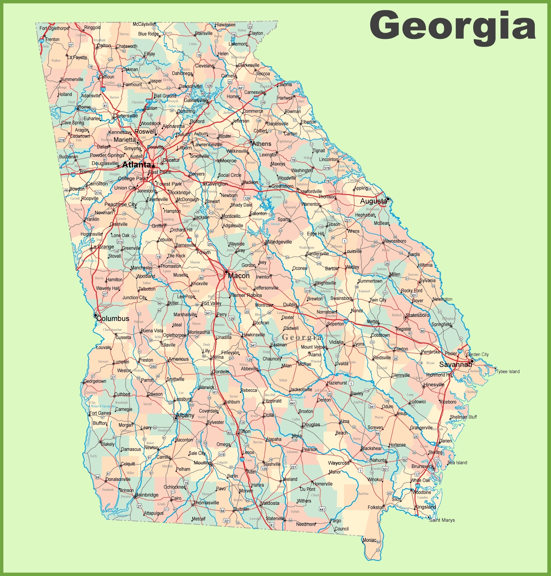 Georgia Road Map With Cities And Towns Ontheworldmap