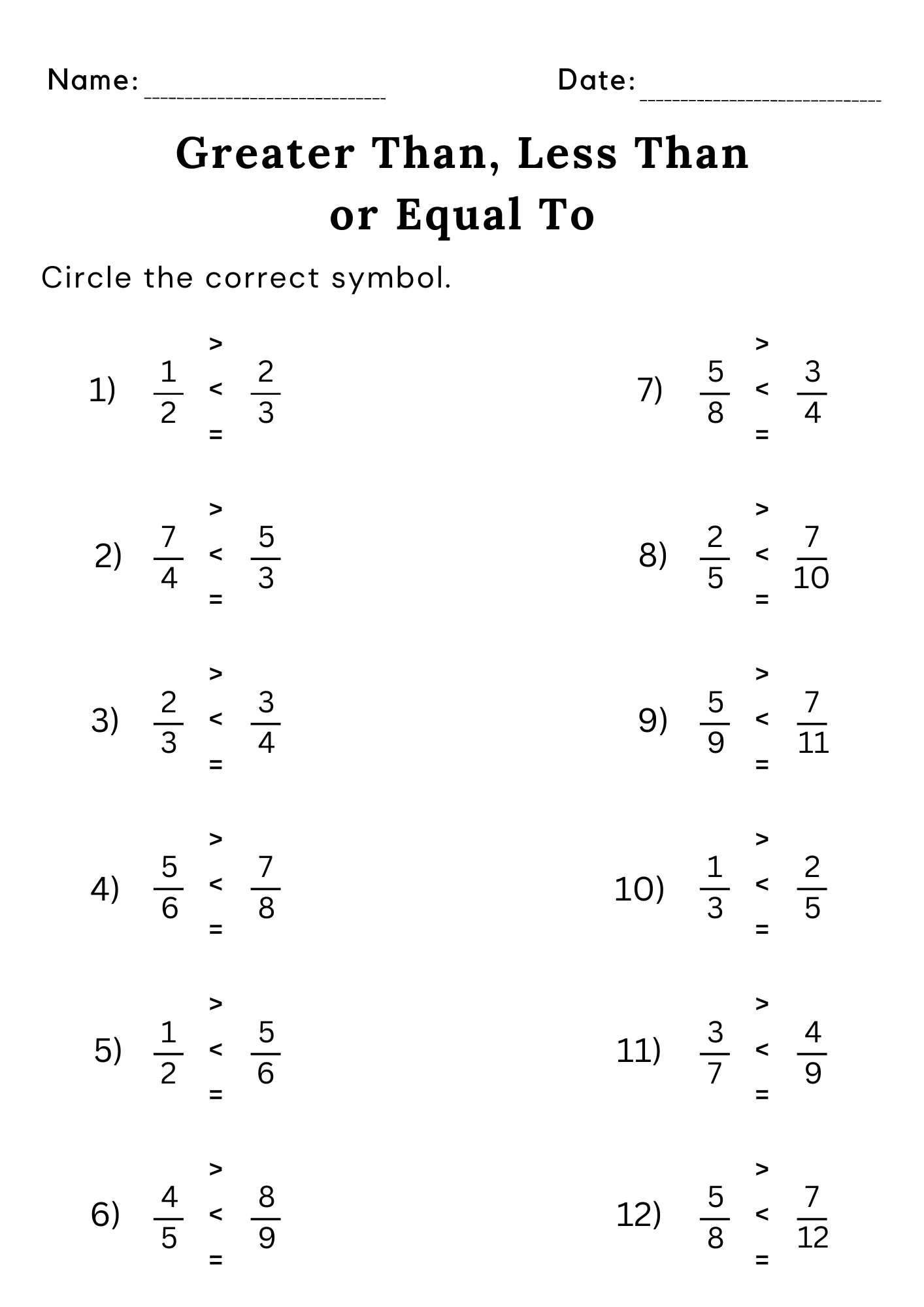 Printable Greater Than Less Than Worksheets