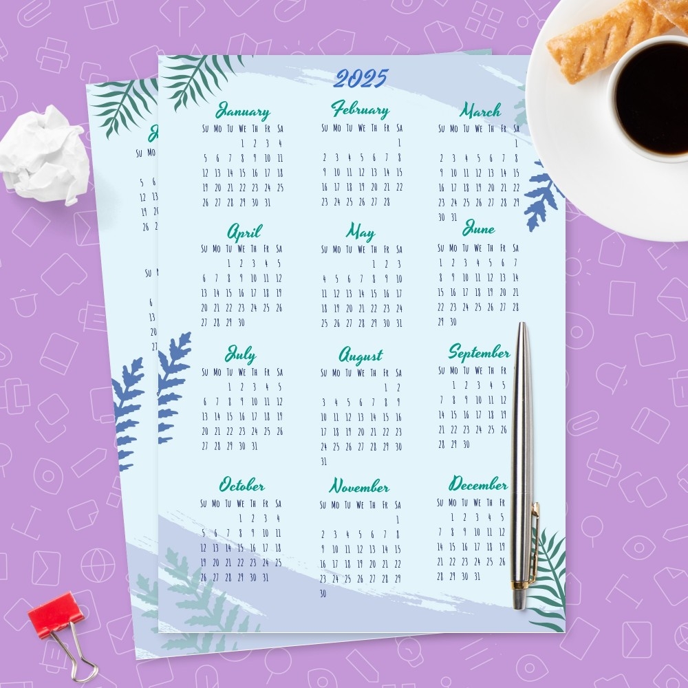Green And Blue Yearly Calendar Template Printable PDF