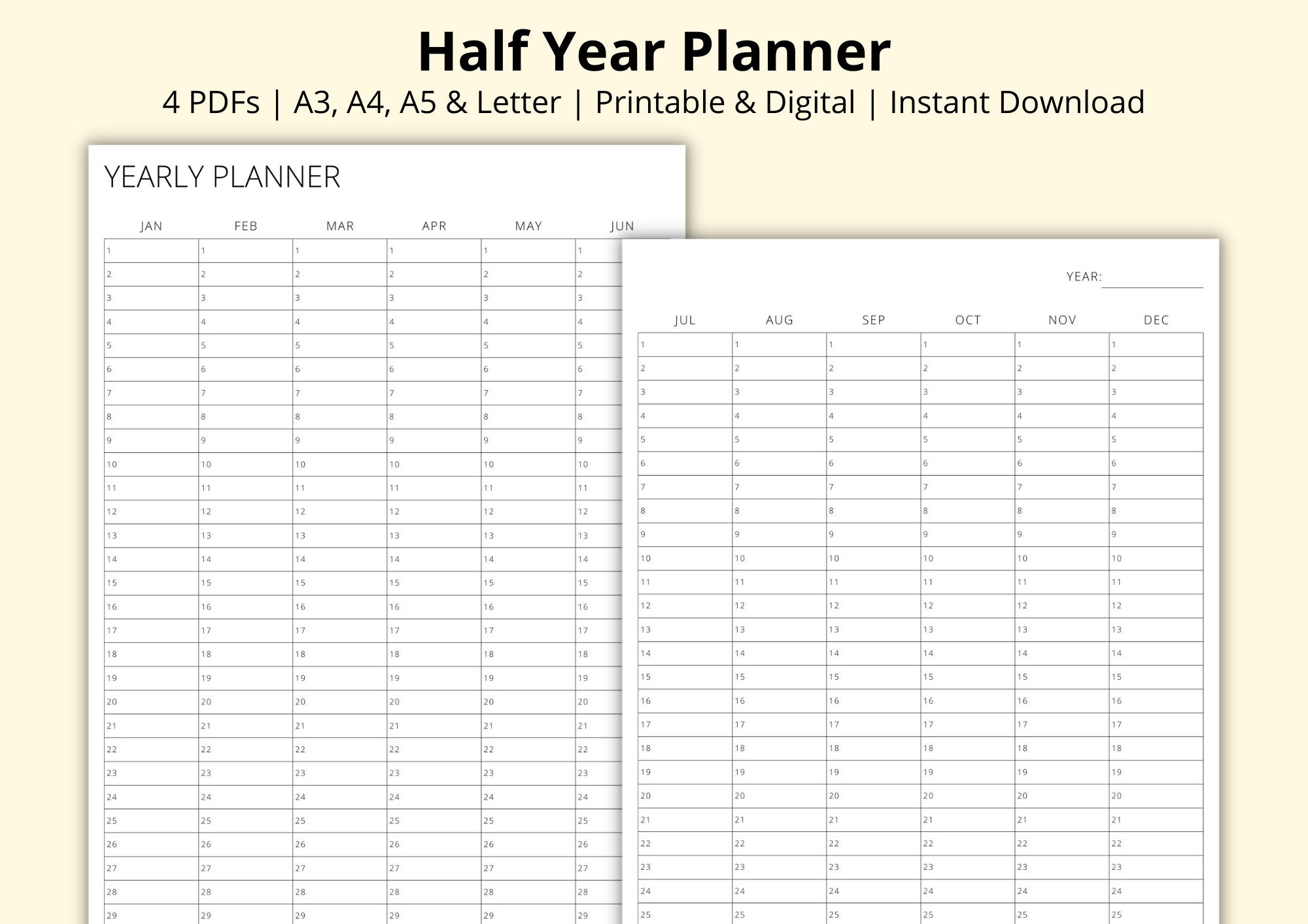 Half Year Planner 6 Month Overview Year At A Glance Calendar Pages Blank Annual Planner Template Printable digital A3 a4 a5 letter Etsy