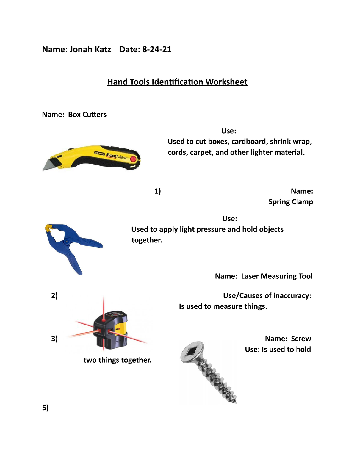 Handtool Identification Worksheet Name Jonah Katz Date 8 24 Worksheets Library