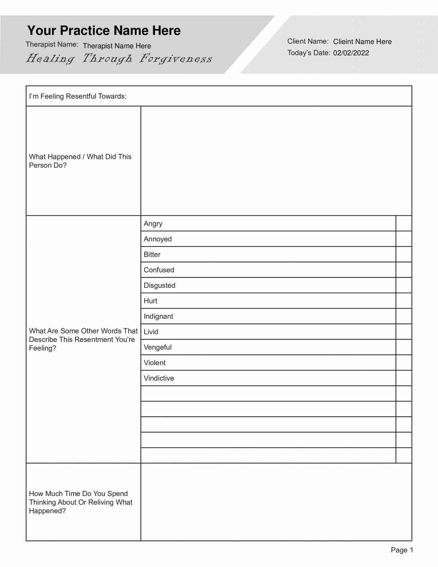 Healing Through Forgiveness Worksheet Editable Fillable Printable PDF 