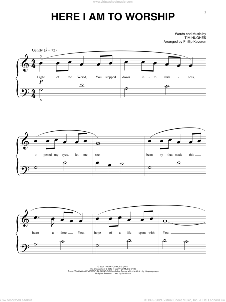 Here I Am To Worship Sheet Music beginner For Piano Solo PDF 