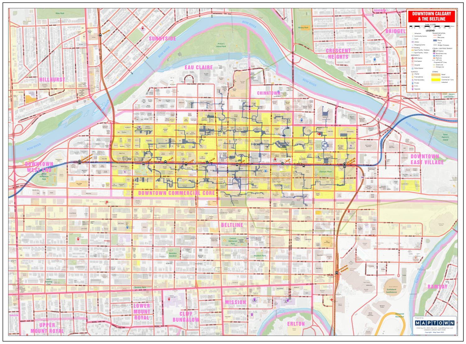 Highly Detailed Wall Map Of Calgary s Downtown And Beltline Features LRT Stations Plus 15 Network Zoning Boundaries Historical Sites And Attractions 