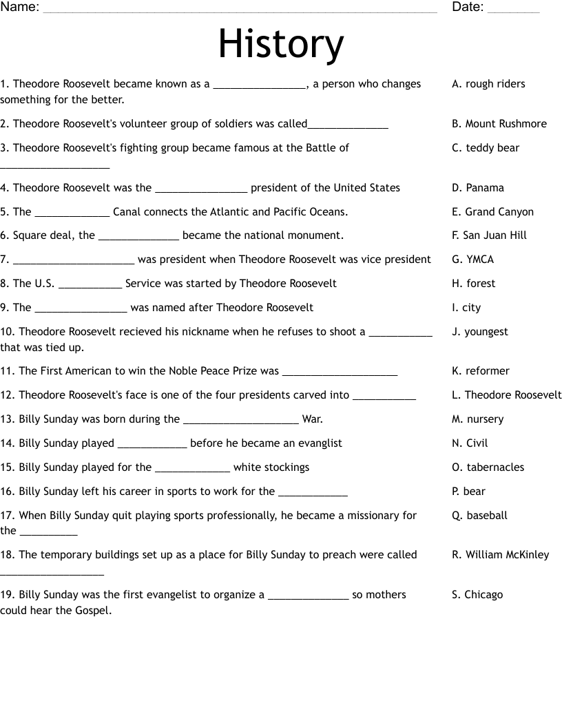 History Worksheet WordMint