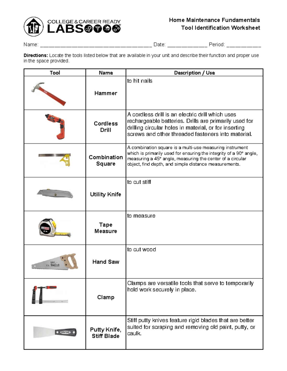 Home Maintenance Fundamentals Tool Identification Worksheet Studocu
