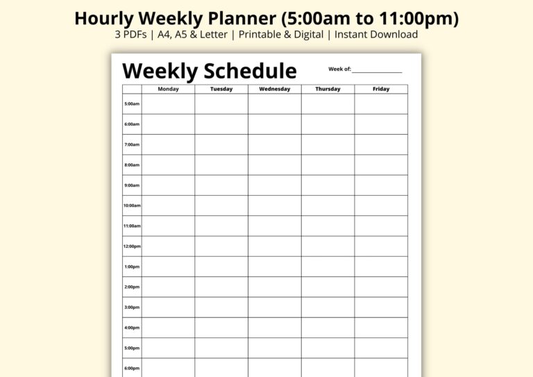 Hourly Weekly Planner 5 Day Planner Week At A Glance Weekly Schedule Work office Planner Time Blocking Printable digital A4 a5 letter Etsy