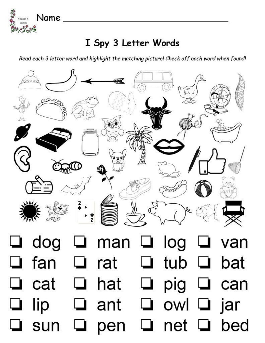 I Spy 3 Letter Words Printable Worksheet Match Words To Pictures Preschool 1st Grade Etsy Hong Kong