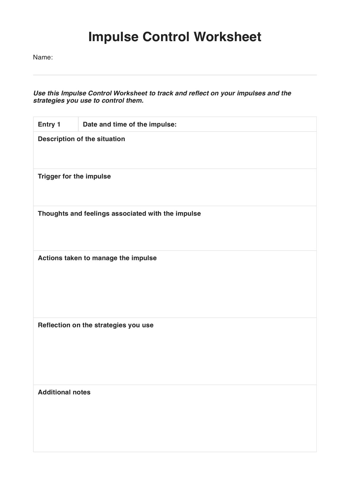 Impulse Control Worksheet Example Free PDF Download