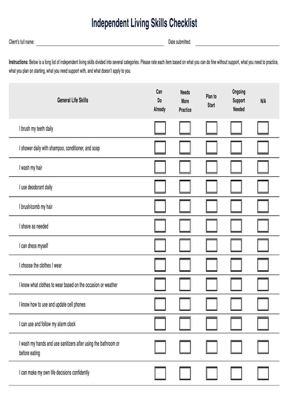 Independent Living Skills Checklist Template U0026 Example Free PDF Download