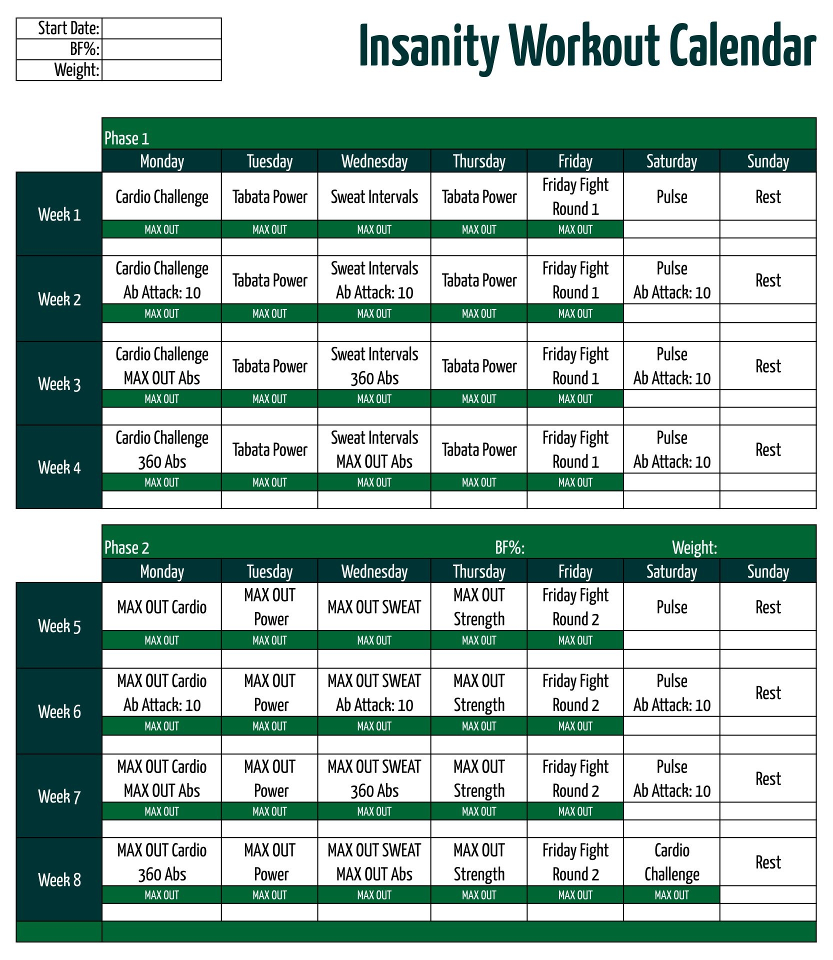 Insanity Workout Schedule 10 Free PDF Printables Printablee