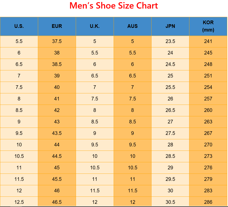 International Shoe Size Conversion Chart For US To UK EUR AUS JPN KOR
