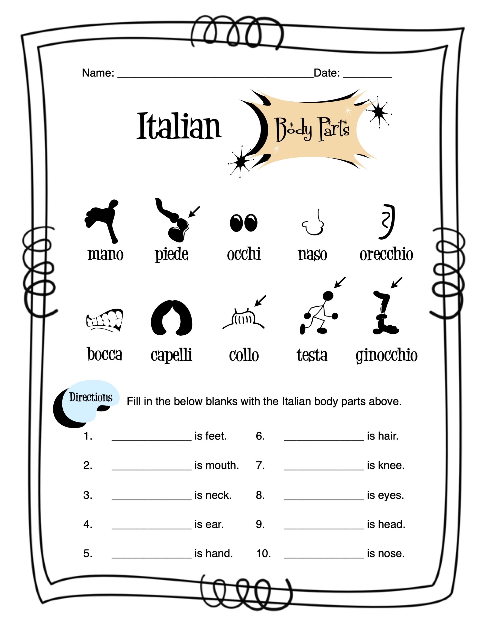 Italian Body Parts Worksheet Packet Made By Teachers