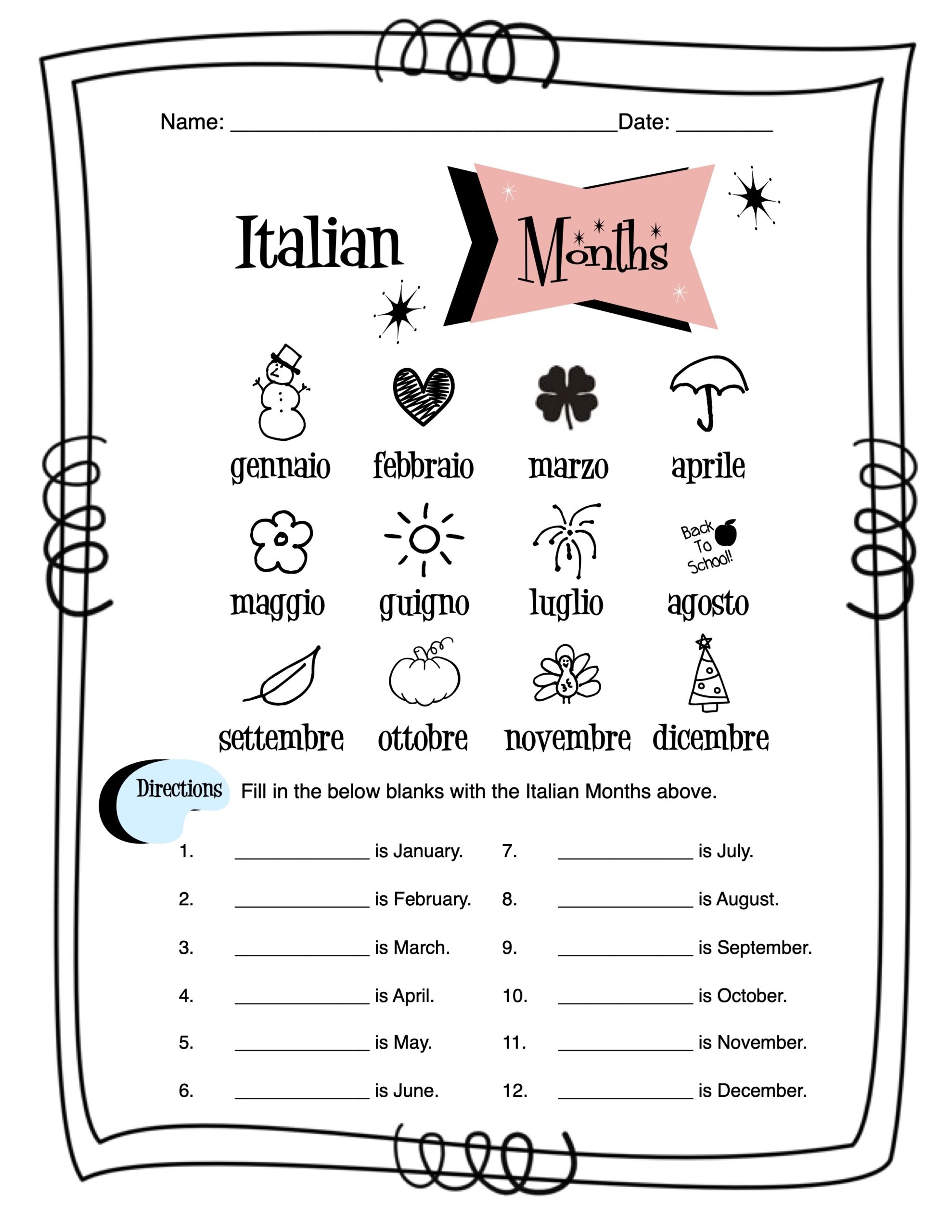 Italian Months Of The Year Worksheet Packet Made By Teachers