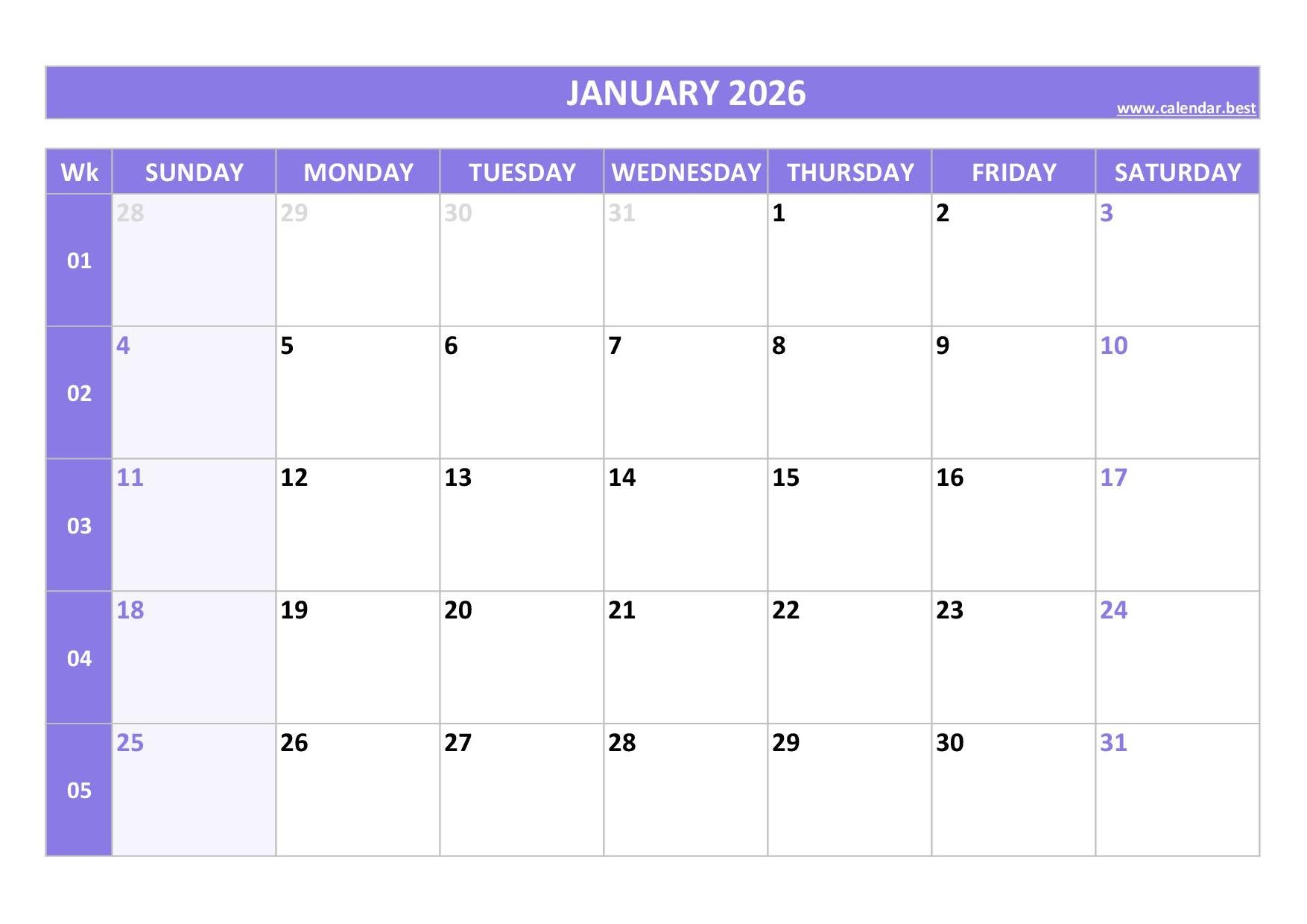 January 2026 Calendar Calendar best