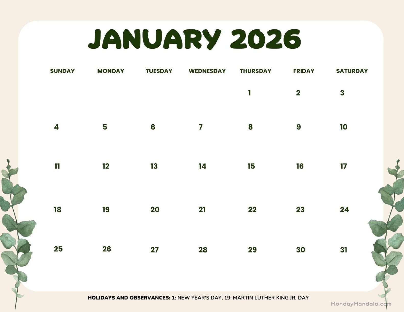 Printable Monthly Calendar January 2026