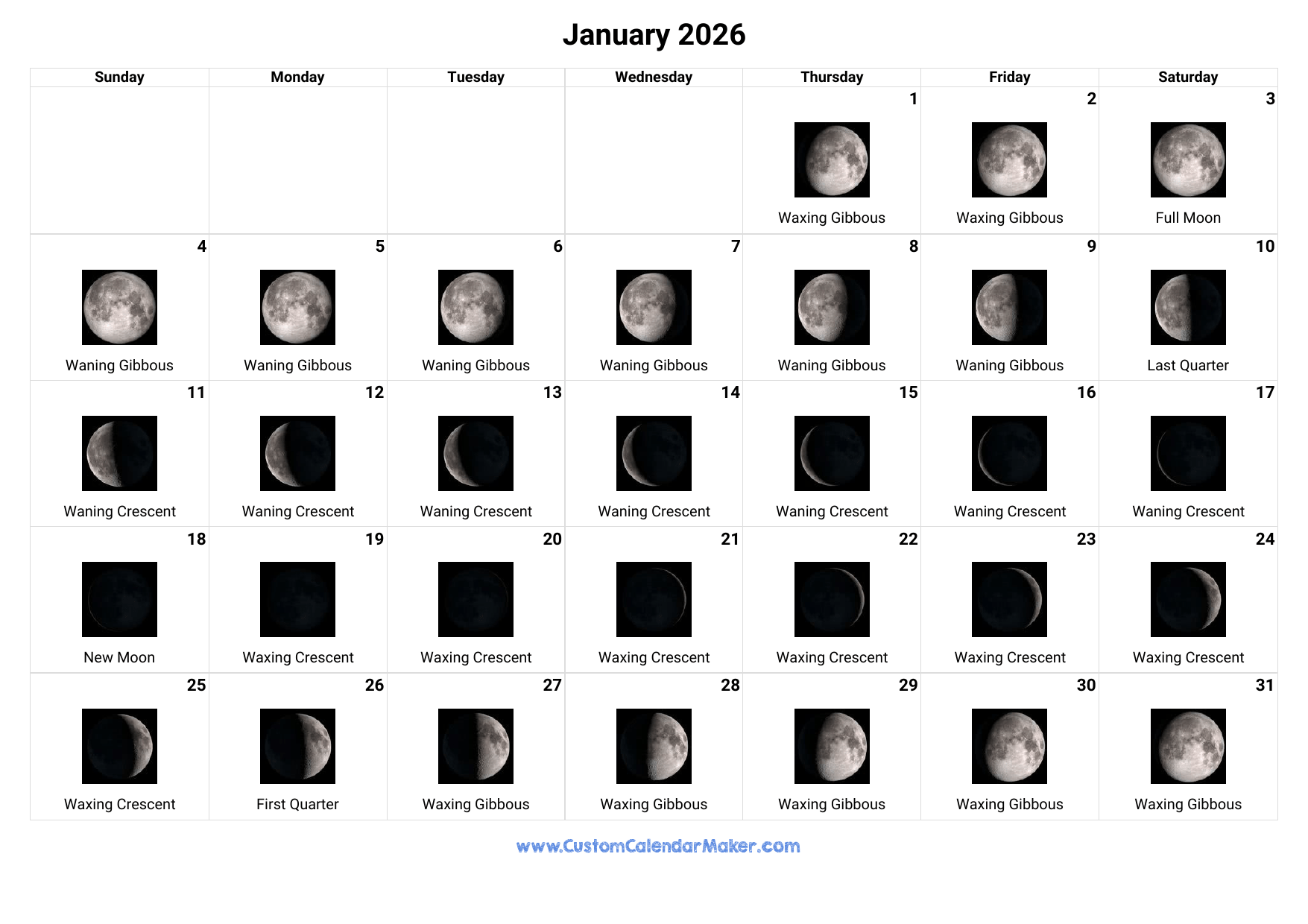 January 2026 Moon Phases Calendar Custom Calendar Maker
