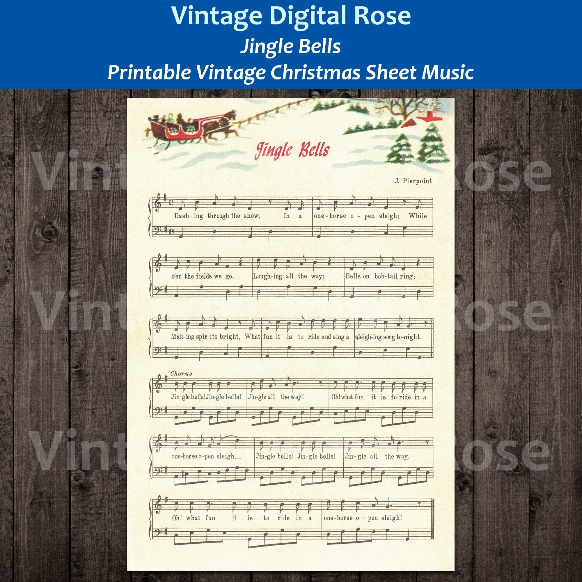 Jingle Bells Printable Vintage Popular Christmas Carol Sheet Music Color Illustration Etsy