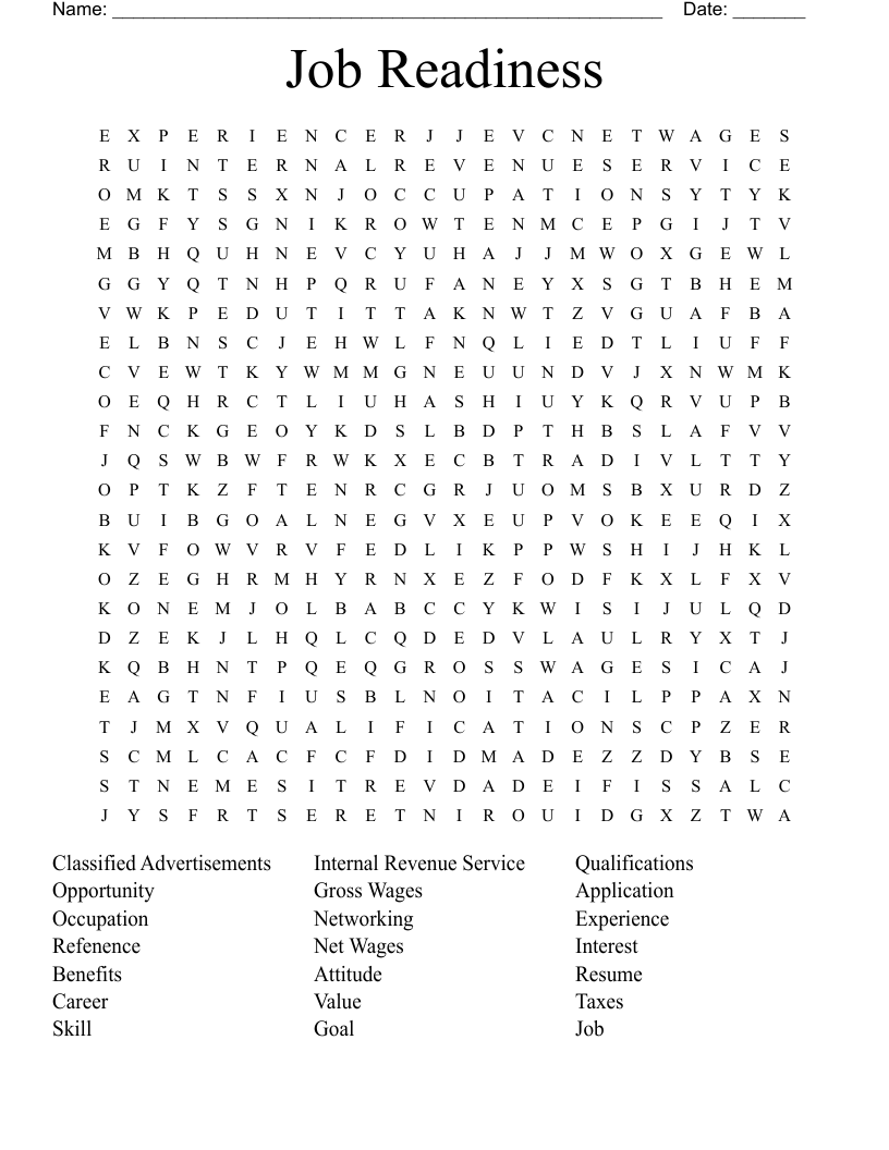 Job Readiness Word Search WordMint